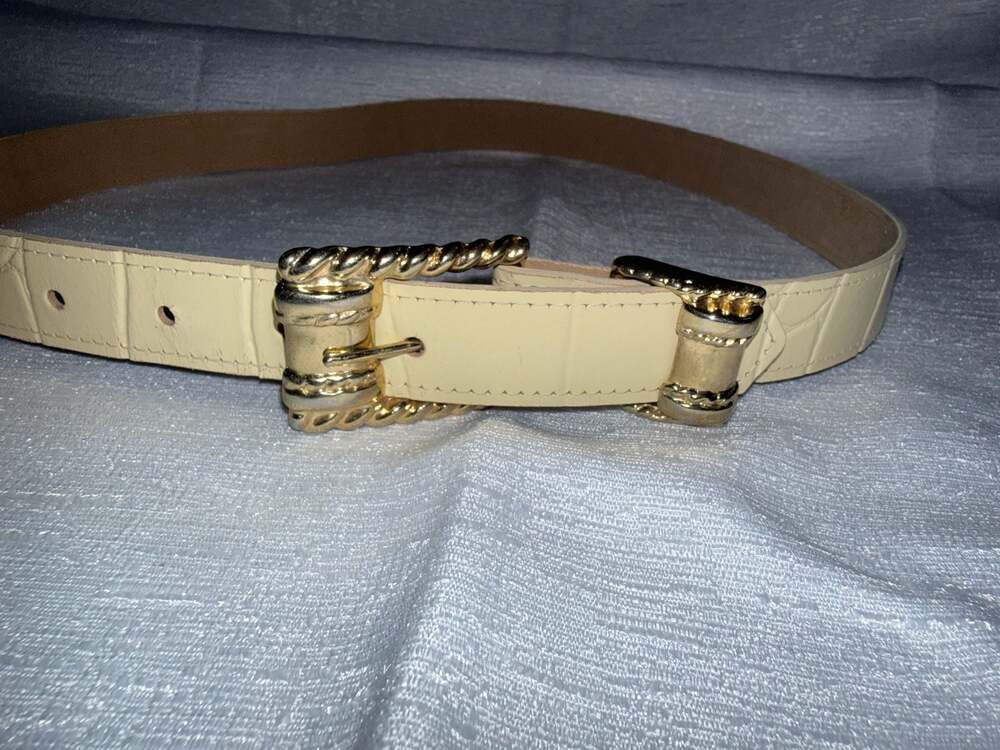 Vintage 80s The Leather Shop Cream Mock Croc Leather Belt with Gold Rope Buckle